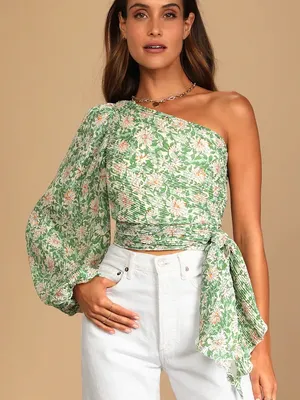 Lulu’s Green Floral Printed Pleated One Shoulder Top thumbnail 1
