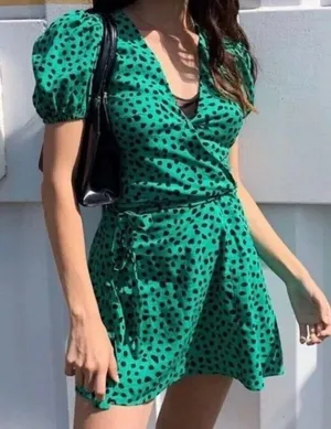 Urban Outfitters Green Black Polka Dot Mini Wrap Dress V-Neck‎ Short Sleeve XS thumbnail 1