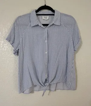 Olive and Oak Blue White Striped Tie Front Short Sleeve Shirt Size M thumbnail 1