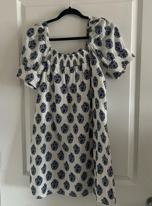 J. Crew White Mini Dress with Navy Floral Print and Puff Sleeves thumbnail 1