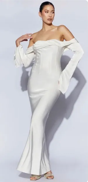 MESHKI Womens Giselle Off Shoulder Cowl Neck Elegant Bridal Midi Dress XXL White thumbnail 1