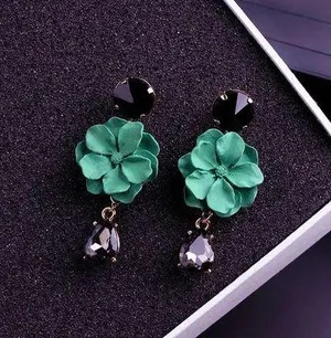 Women's Green Flower Crystal Teardrop Dangle Drop Earrings thumbnail 3