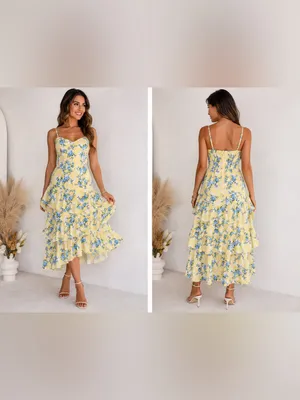 Abercrombie & Fitch Yellow Floral Tiered Midi Dress with Blue Accents thumbnail 2