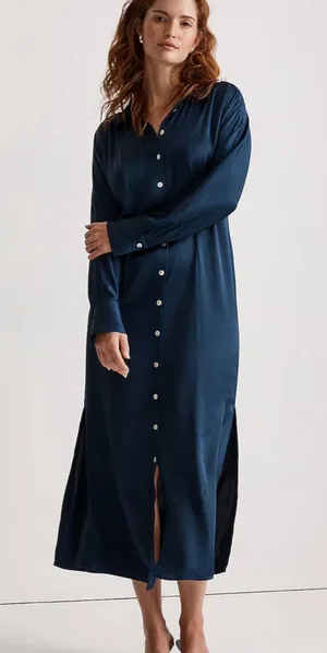 Dress Satin Button-Front Midi Classic Indigo 8 NWT New thumbnail 1