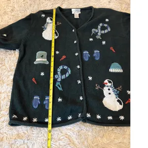 Ugly Christmas Sweater Cardigan Womens XL Green Snowman Mittens Scarf Poinsettia thumbnail 4