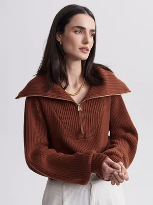 Varley Mentone Half Zip Pullover sweater Tortoise Shell Brown chunky knit SMALL thumbnail 1