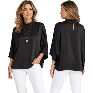 Chico's Black Label Black Satin Mock Neck Dolman Sleeve Blouse XL thumbnail 2