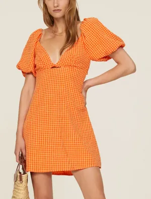 Louna Orange Gingham Mini Dress SMALL Peasant Puff Sleeve Milkmaid Cotton $108 thumbnail 1