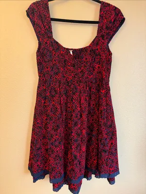 FREE PEOPLE Tabitha Smocked Mini Dress MEDIUM Red Navy Blue Floral thumbnail 3