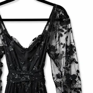 NEW Lulus Darling Charisma Black Mesh Embroidered Balloon Sleeves Midi Dress XS thumbnail 7