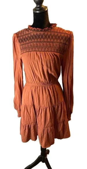 Blu Pepper Rust Smocked Mock Neck Embroidered Tiered Mini Dress thumbnail 1