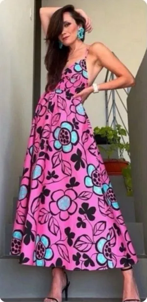 Zara Pink Black Floral Cotton Poplin‎ Midi Dress Size S thumbnail 1