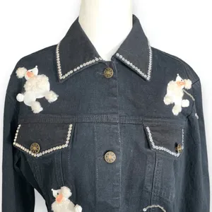 Vintage Y2K Quacker Factory Black Denim Jacket‎ White Poodle Embroidered Dog thumbnail 2