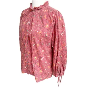 Sundance Women’s Floral Button Front Blouse Prairie Style High Collar Berry Med thumbnail 8