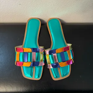 Women’s Metallic Slide Sandals – Color Block Woven Strap, Flat Comfort thumbnail 5