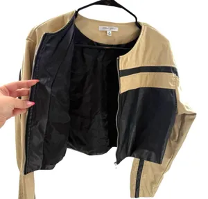 Lane 201 Cloud Ten Women’s Size M Cropped Racer Jacket Black Tan Faux Leather Moto Baddie thumbnail 10