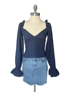 Anthropologie NWT Navy Blue Blouse Sz XS Cotton Sweetheart Neck 3/4 Puff Sleeve thumbnail 11