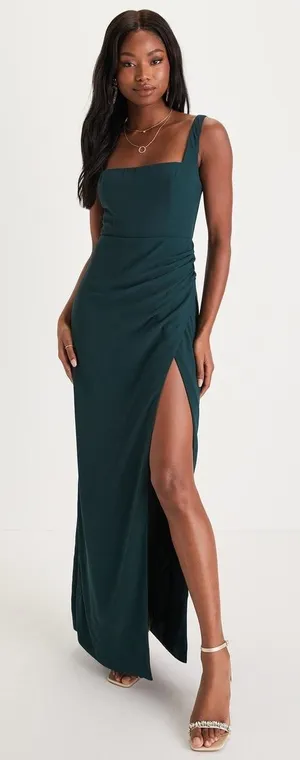 NWT Lulus Glamorous Disposition Emerald Green Ruched Maxi Dress Banquet Size S thumbnail 1