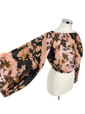 Vici Floral Boho Festival Off-Shoulder Puff Sleeve Blouse Pink Black Size Small thumbnail 4