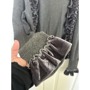 Dark Gray Velvet Ruffle Cropped Open Front Cardigan M Whimsigoth Fairy Grunge thumbnail 3