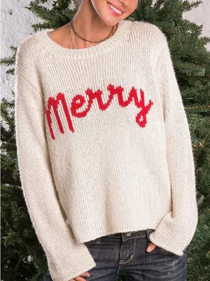 Wooden Ships Merry Sweater Small Red Festive Holiday Mohair Wool Christmas thumbnail 1