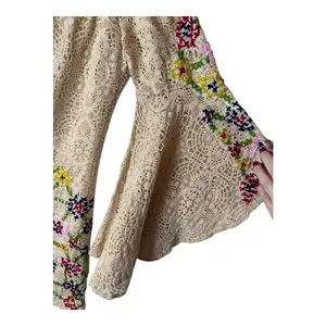 Judith March Shirt Women Large Beige Lace Embroidered Bell Sleeve Tunic Boho‎ thumbnail 5