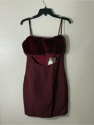 Naked Wardrobe Burgundy Faux Fur Trim Mini Dress Sexy Date Night Club Prom Med thumbnail 4