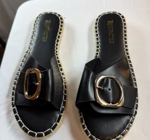 Restricted Womens Black Espadrille Slide Sandals Gold Buckle Jute Trim thumbnail 1