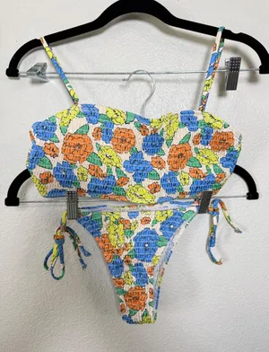 Floral Smocked Bikini Set Blue Orange Yellow Ruched Two‎ Piece Swimsuit Small thumbnail 1
