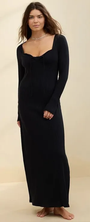 Aerie Ribbed Tie Front Maxi Dress Black Long Sleeve Knit Size S NWT thumbnail 1