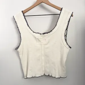 Free People Large Caramel Tank White Ivory Lettuce Trim Rib Knit Boxy Fit thumbnail 4