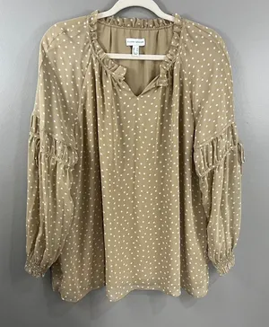 Susan Graver Tan White Polka Dot Sheer Chiffon Raglan Sleeve Peasant Top Medium thumbnail 1