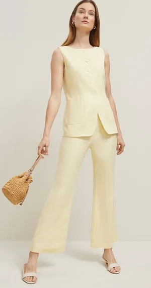 Ann Taylor Butter Yellow Linen Blend Matching Set | long vest, flare ankle pant thumbnail 1