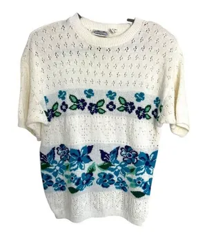 Vintage Villager Floral Knit Short Sleeve Sweater Medium‎ Cottagecore Feminine thumbnail 1