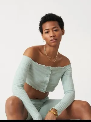 Ribbed Off-Shoulder Button Crop Top in Sage Green Size S Shell 91% Tencel thumbnail 1
