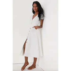 Lulus Sicily Sweetheart White Button-Front Puff Sleeve Midi Dress Classic Medium thumbnail 2