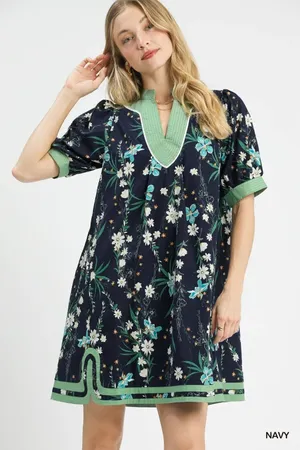 Umgee Floral Puff Sleeve Dress with Contrast Trim - Navy - Small thumbnail 1