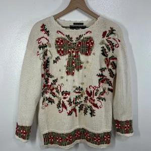 Vtg. 80s Curio & Company Hand‎ Knit Christmas Sweater Bow Garland Metallic Ramie thumbnail 1