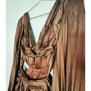 Ieena for Mac Duggal Brown Long Sleeve Pleated Full Skirt Cut Out Sides Gown 6 thumbnail 12