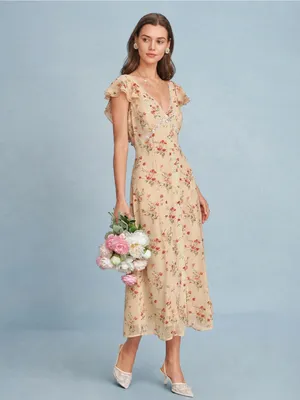 Rihoas Yellow Butterfly Sleeve Tie Floral Midi Dress thumbnail 4