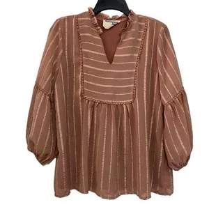 Savanna Jane Women's Split Neckline Brown Top Blouse ¾ Balloon Sleeves Size L thumbnail 1