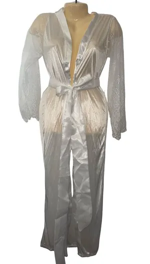 Silky Lace Trim Long White Satin Robe thumbnail 1
