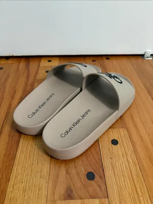 Calvin Klein Taupe Slide Sandals with Black CK Logo thumbnail 2