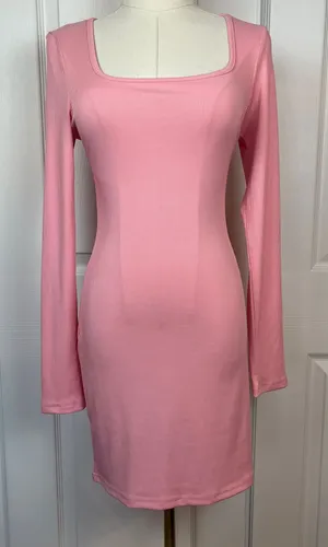 Pink long sleeve square neck fit and flare mini dress thumbnail 1