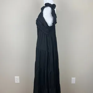 Jason Wu‎ Maxi Dress Womens Large Black Tiered Linen Blend Pleated A-Line L FLAW thumbnail 10