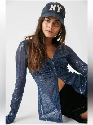 Free People Sequin Shirtee Small Varsity Navy Button Up Party Statement Holiday thumbnail 3