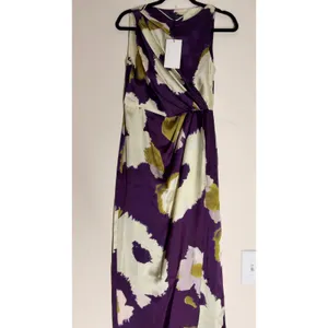 Zara Printed Satin Midi Dress Purple Olive Green Abstract Draped Waist Small thumbnail 3