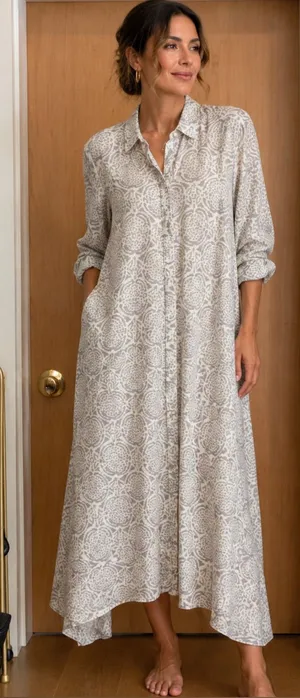 The Boho Mind Grey Printed Button-Front Maxi Shirt Dress Size-Small Quiet Luxury thumbnail 1