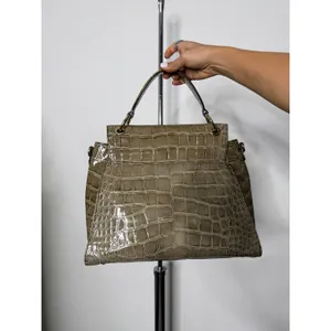 Brahmin Crocodile Embossed Leather Satchel Taupe Olive Top Handle Crossbody Bag thumbnail 4