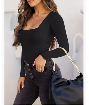 NEW REORIA Basic Square Neck Double Lined Long Sleeve Bodysuit M Black Size M thumbnail 5